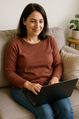 Sylvia sitting on her couch, with her laptop.